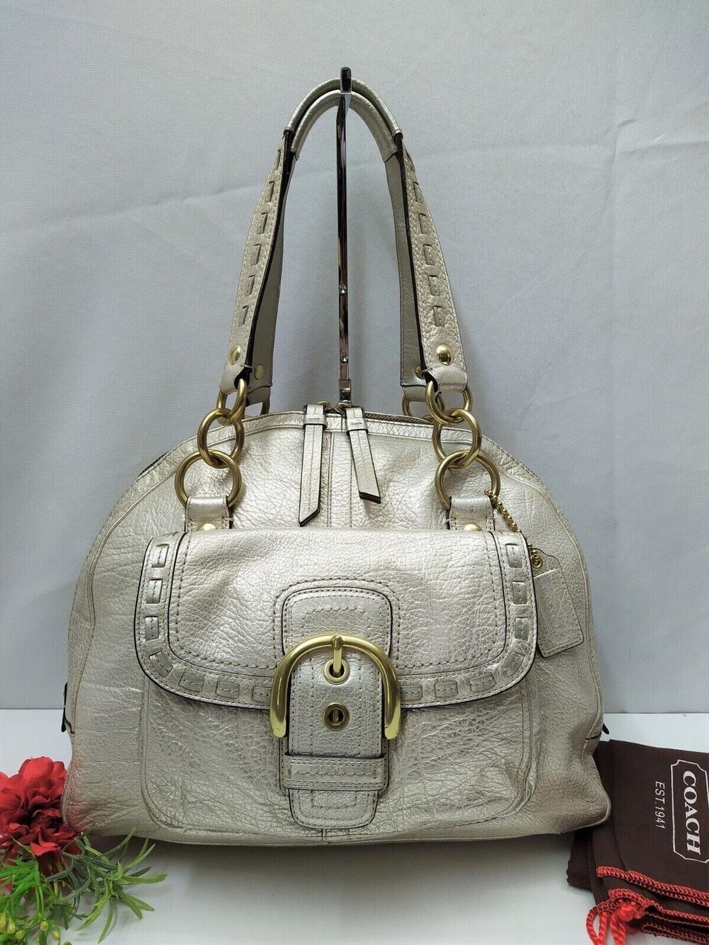 Coach Courtney Metallic Gold Leather Whipstitch Domed Buckle Pocket Shoulder Bag